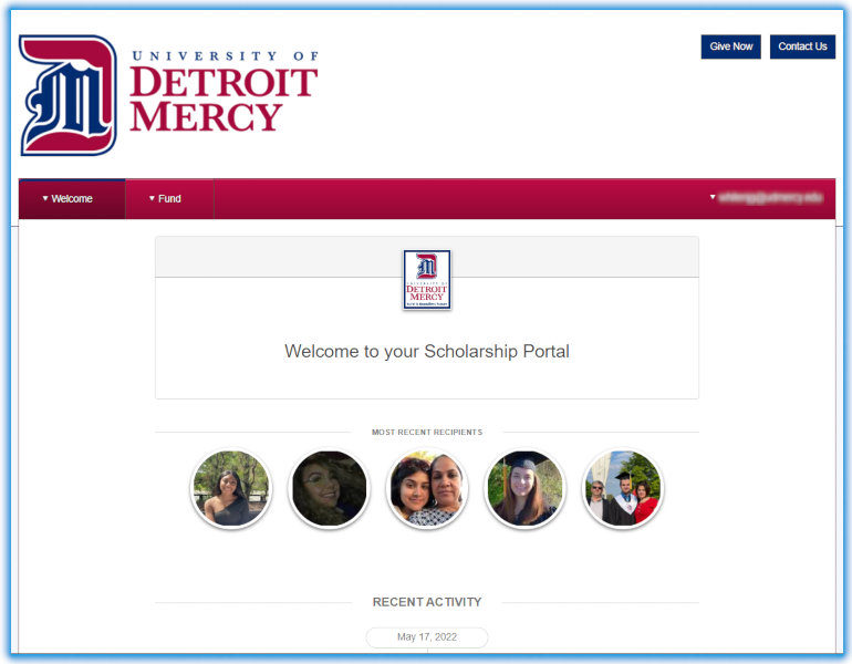 Screen shot of donor portal's welcome page