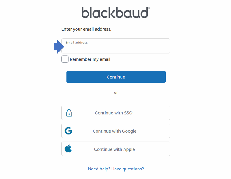 screenshot of Blackbaud enter email