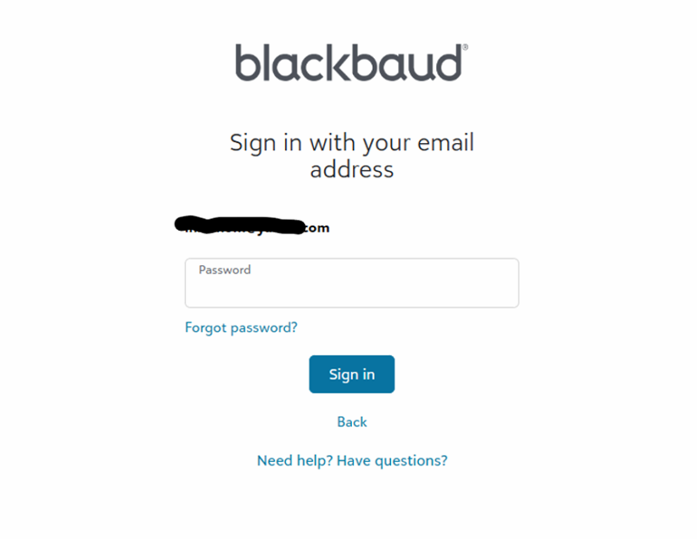 screenshot of blackbaud screen to enter password