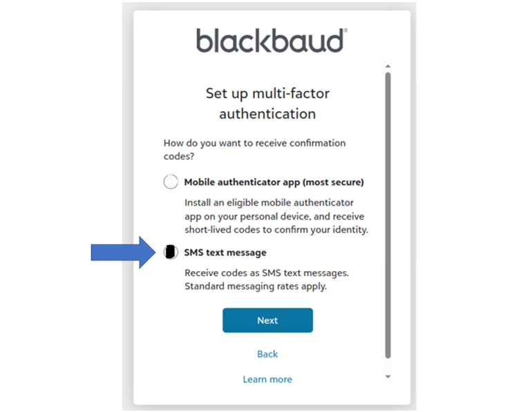 screenshot of Blackbaud multifactor authentication