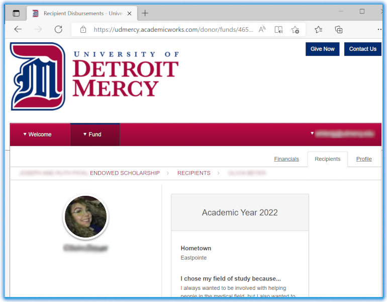 Screen shot of recipient page
