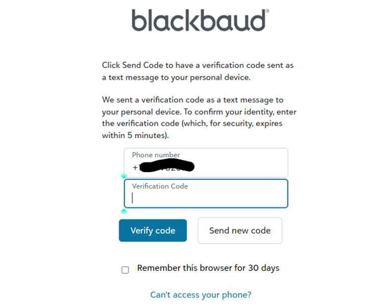screenshot of Blackbaud send/enter code screen