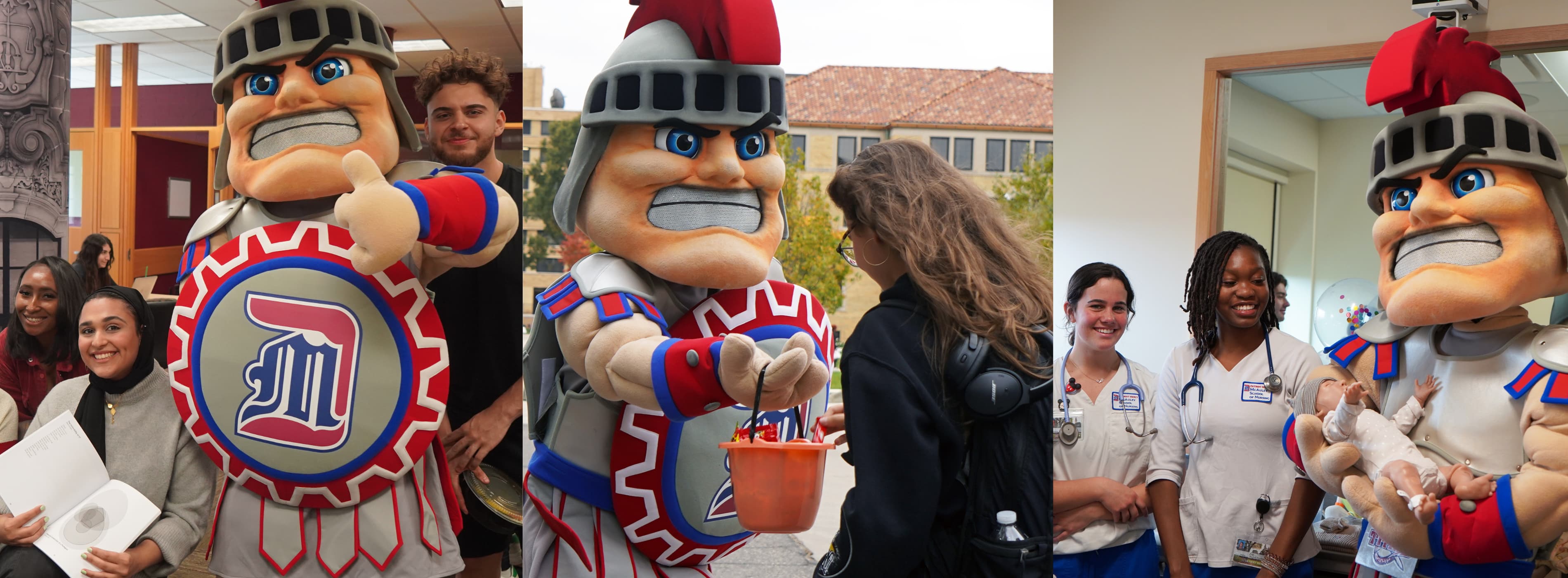 Three photos show Tommy posing with students at events on campus.