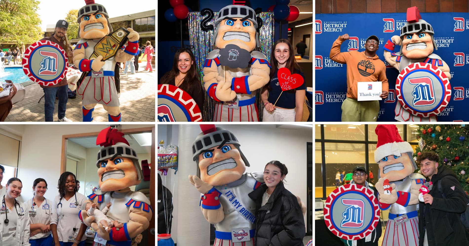 A photo collage shows Tommy Titan posing with students at various campus events.