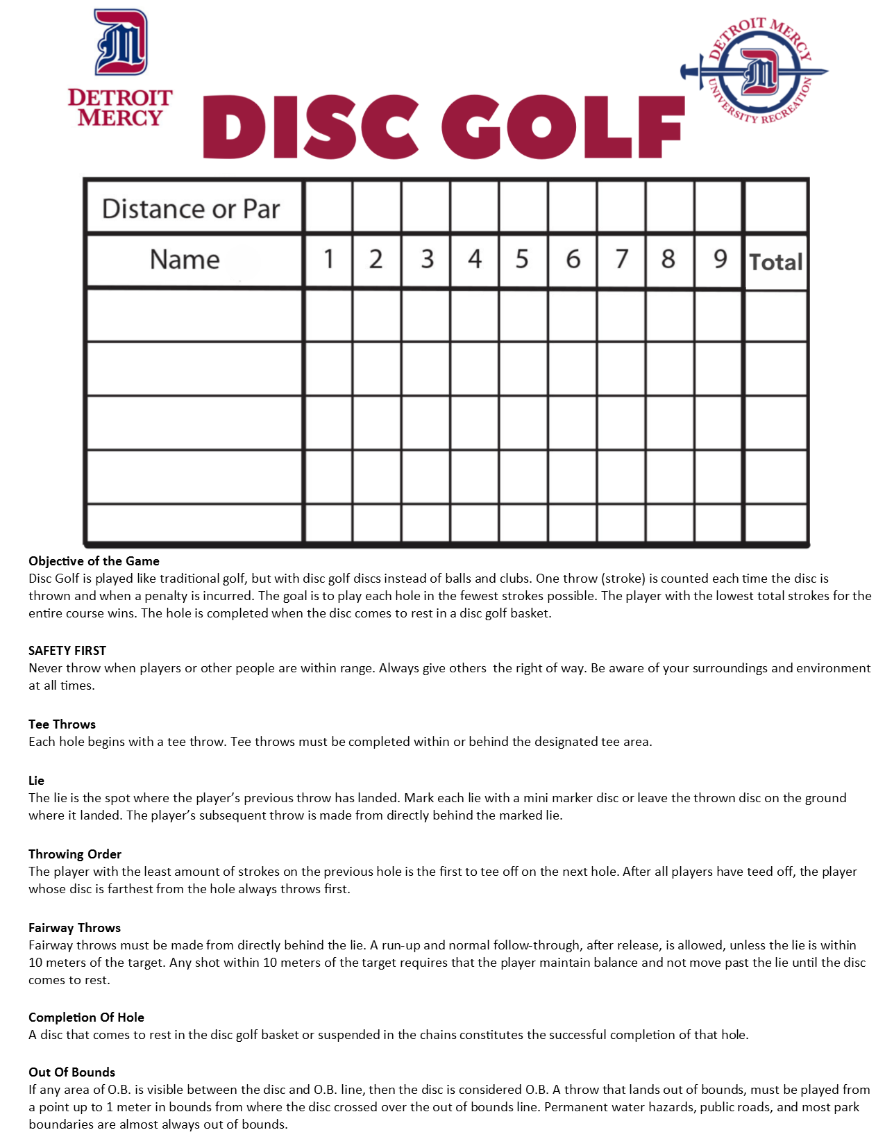 Disc Golf Score Card