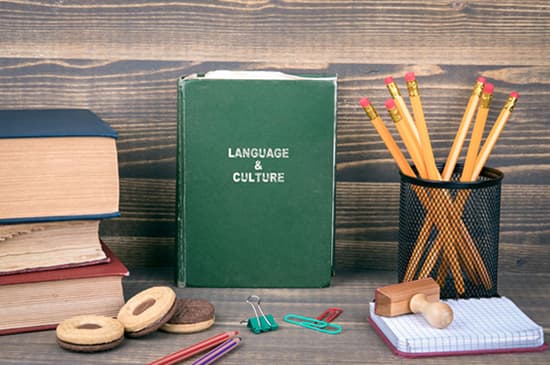 book with title language and culture, pencils