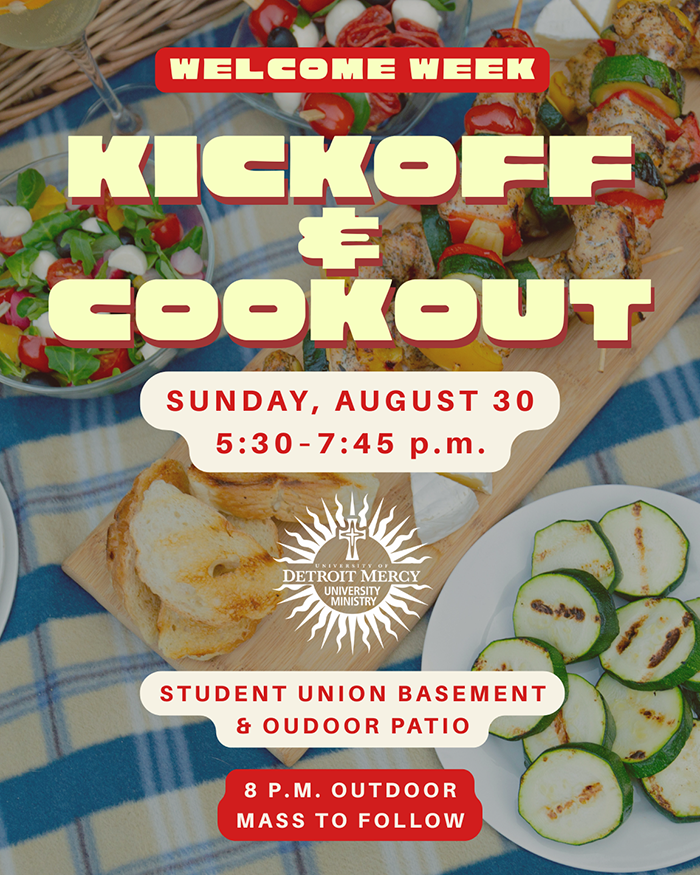 Kickoff & Cookout Flyer, photo of food, event date August 30th at 5pm, Location Student Union lower level.