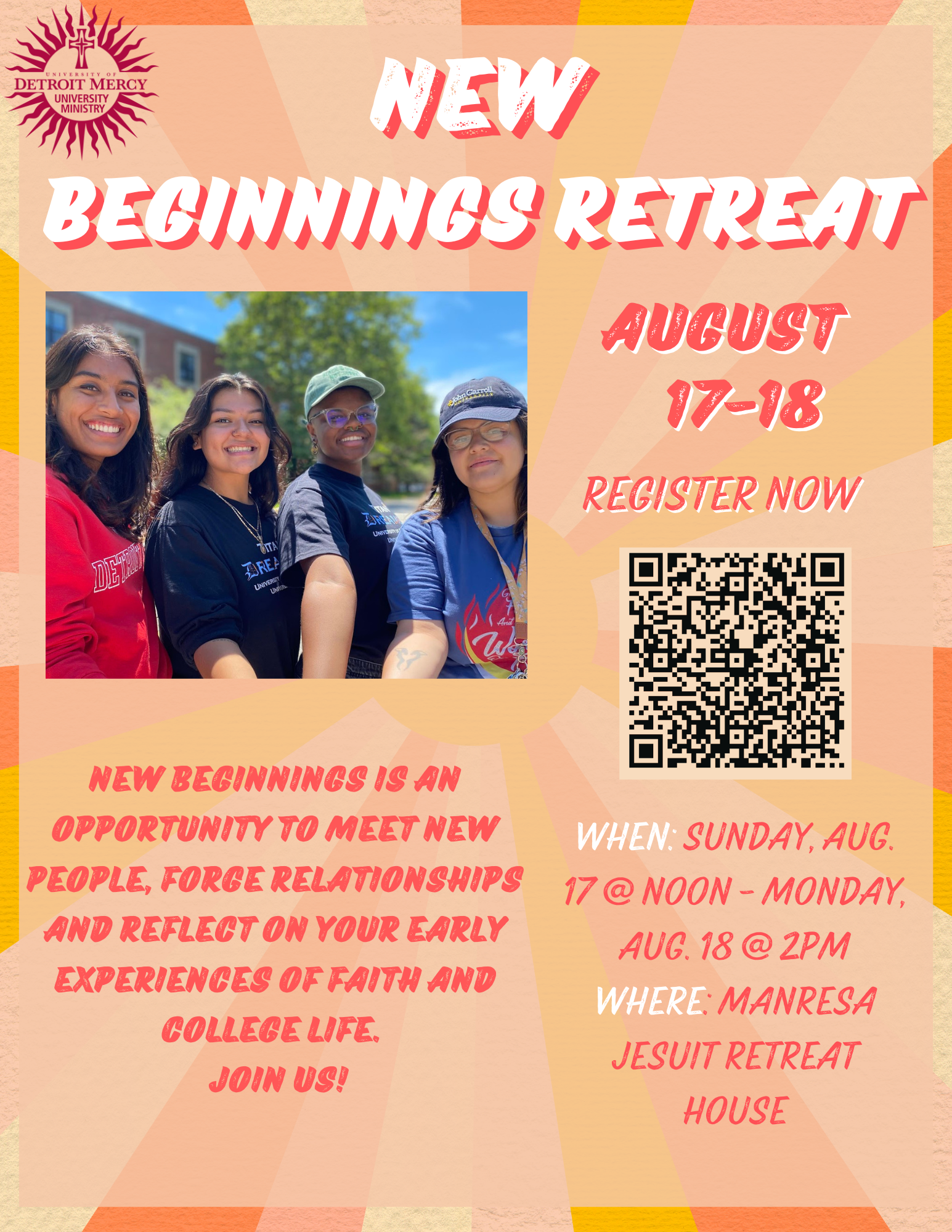 New Beginnings Retreat Flyer, Retreat is August 17 through 18. QR code to sign up.