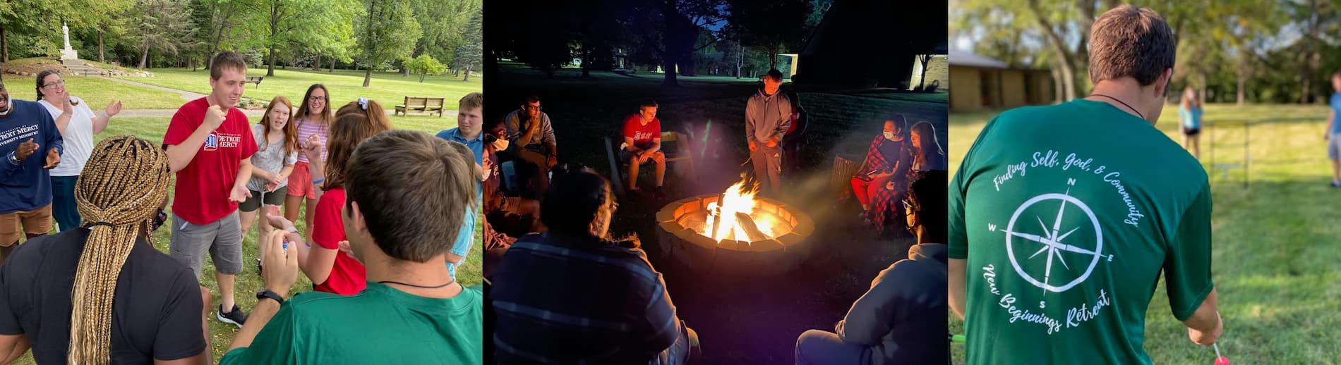 a collage of students sitting around the campfire and engaging in group games
