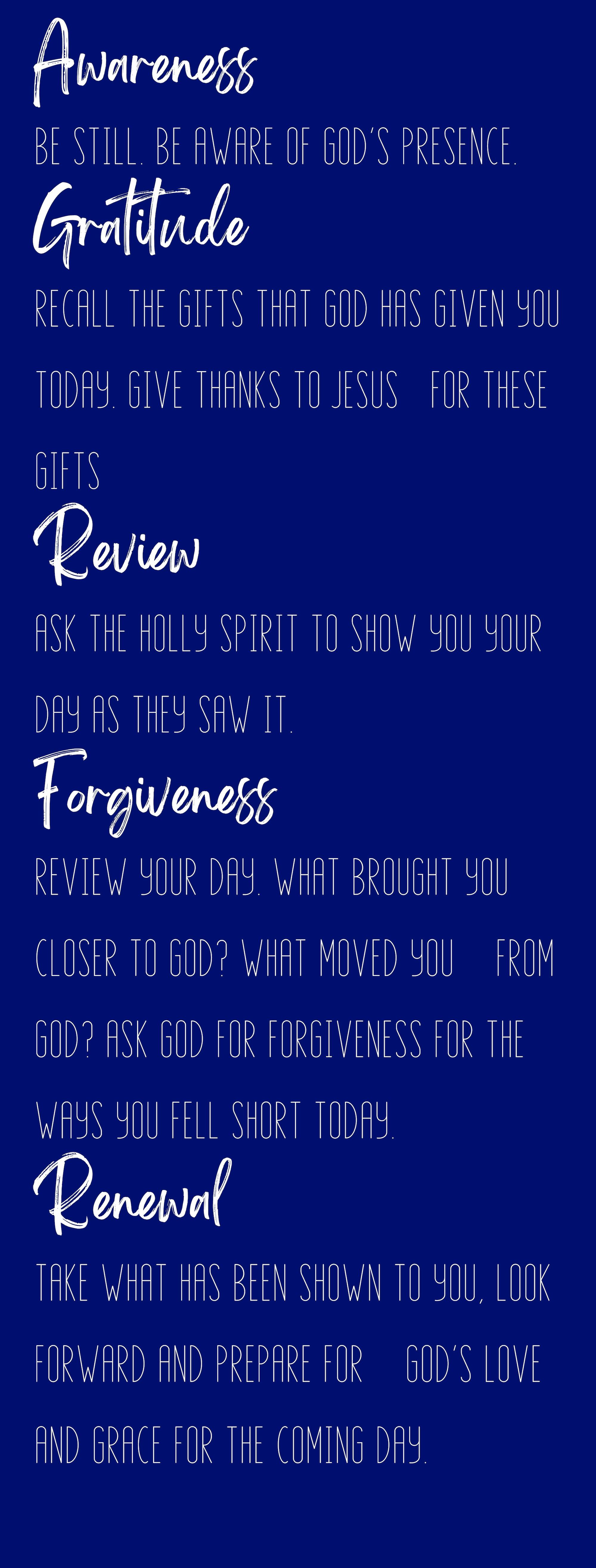 Examen Prayer Example, includes parts about Awareness, Gratitude, Review, Forgiveness, and Renewal.