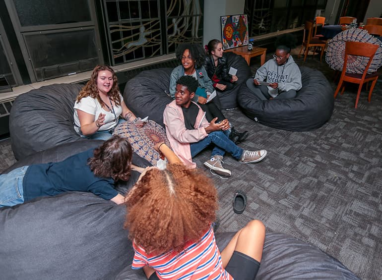 students on bean bags