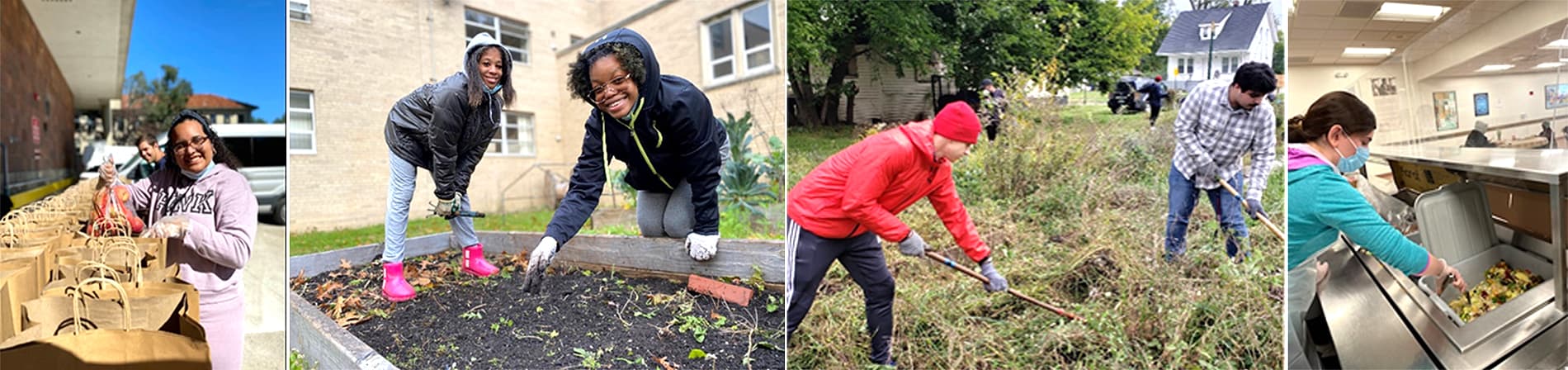 collage of students performing service in Detroit. From left to right, photo one is students bagging groceries. Photo two is students planting in a community garden. Photo three contains two students fixing up a lawn, and photo four contains a student serving meals at a soup kitchen.