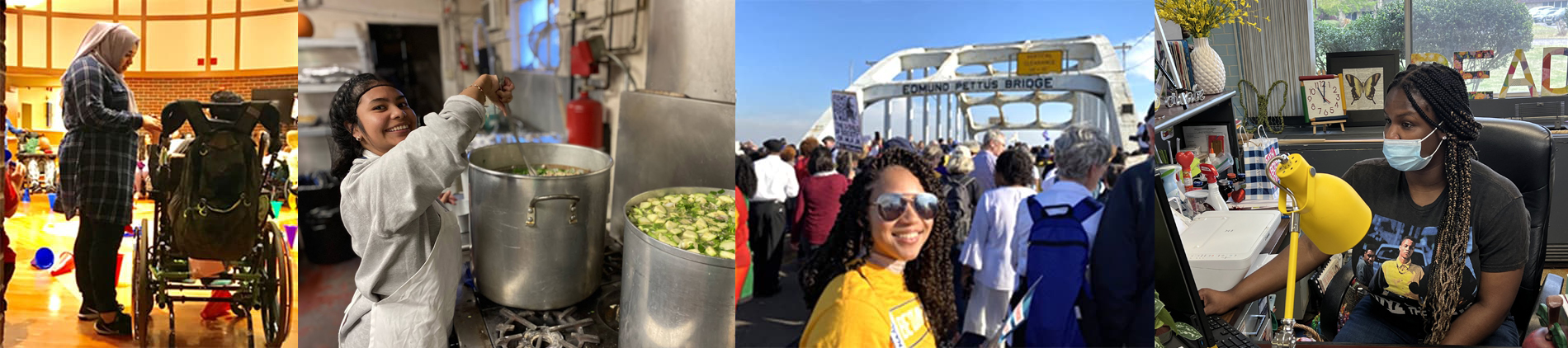 A full width collage of students on immersion retreats, where they are cooking, interacting with other people, marching over a bridge and using a computer.