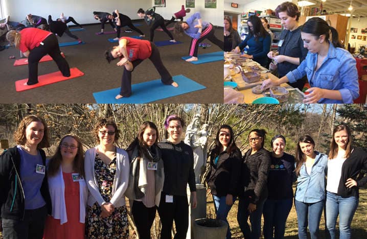 Women doing various retreat activities including yoga, painting and gathering together.