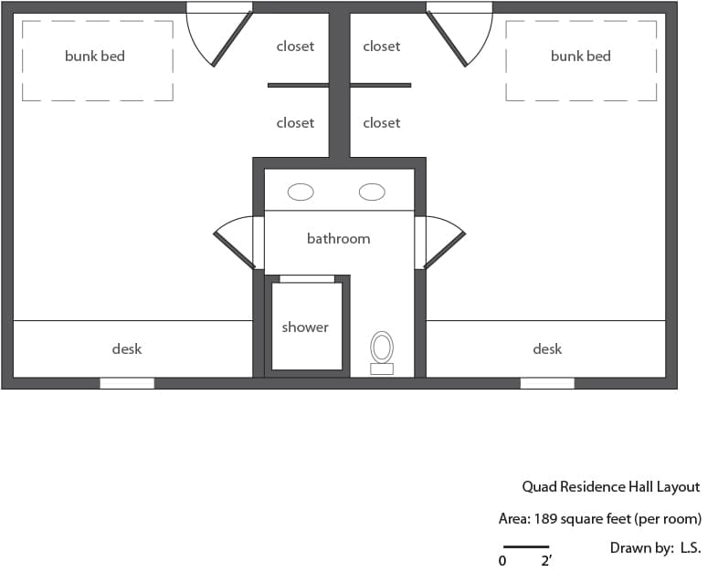  Floor Plan Quads room - 189 sq feet per room include bunk bed , two desks, two closets; there are two rooms adjoined by bathroom including toilet, two sinks and a shower