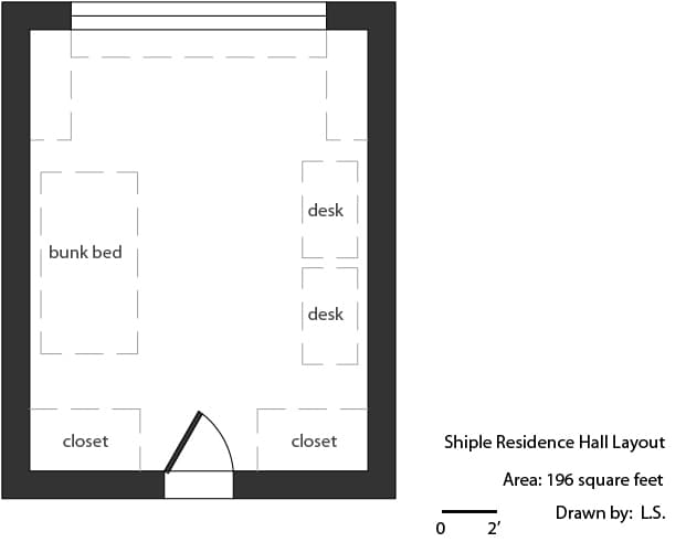 Floor Plan Shiple hall room - 196 sq feet - include bunk bed, two desks, two closets