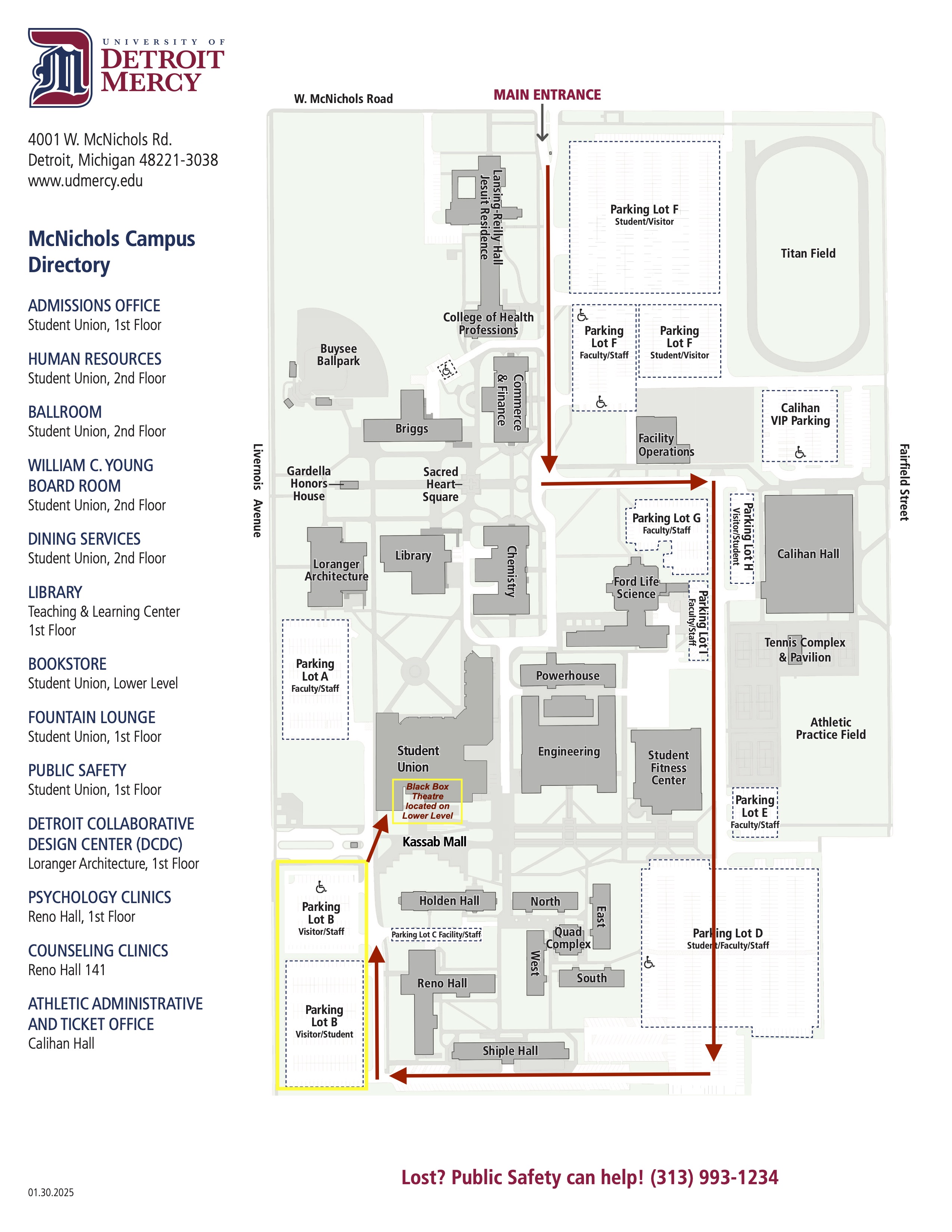 A map of University of Detroit Mercy's McNichols Campus with directions and parking for the Black Box Theatre