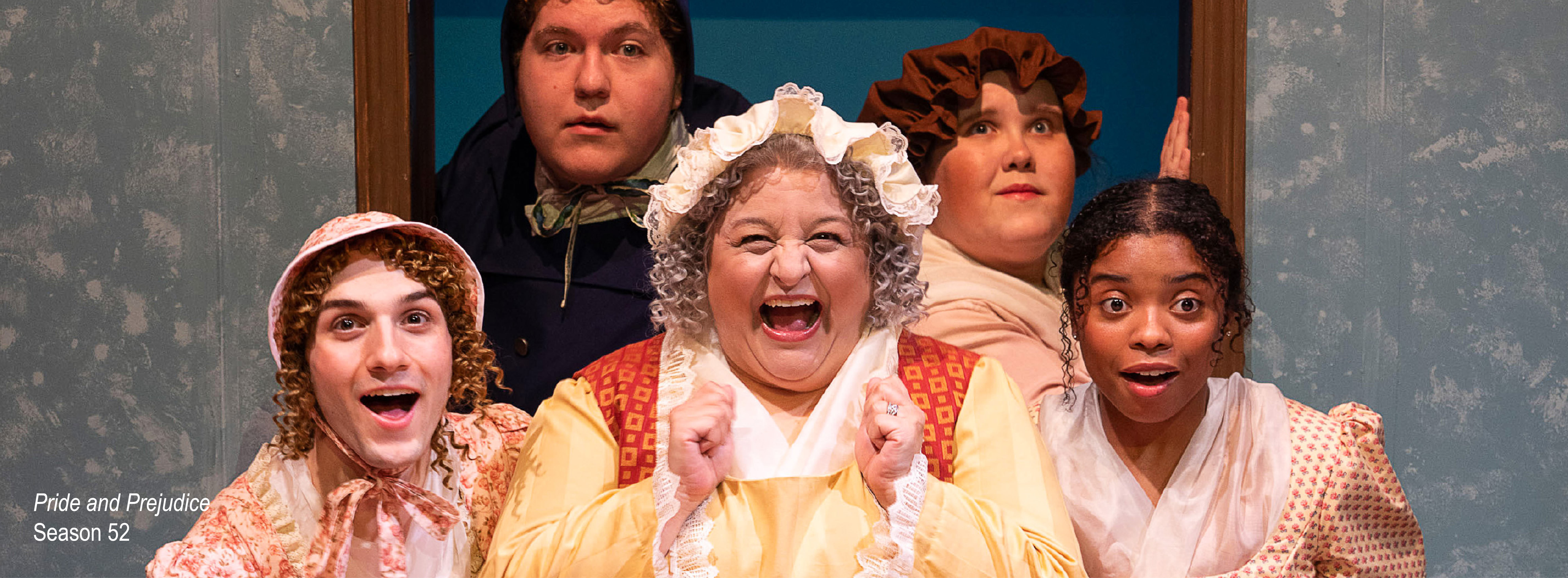 5 actors scream joyfully in period costume