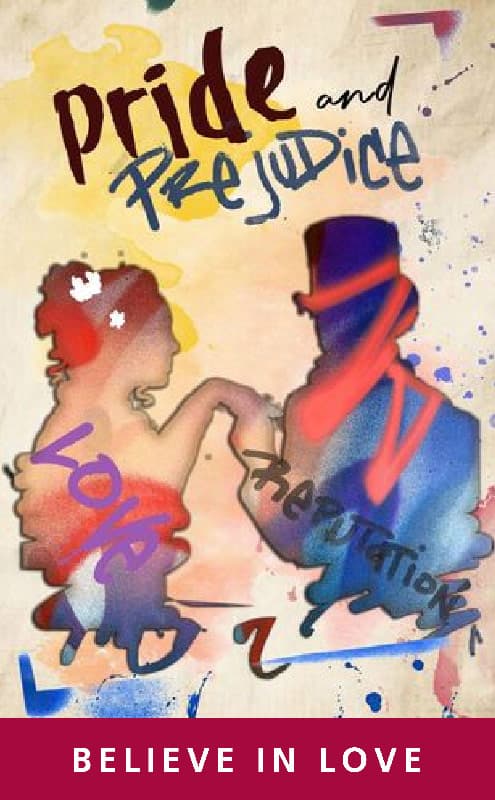 Pride & Prejudice cover with two character silhouettes, one proposing marriage