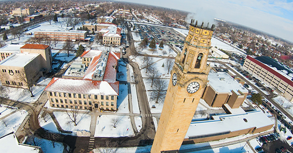 aerial view of the clocktower in early winter